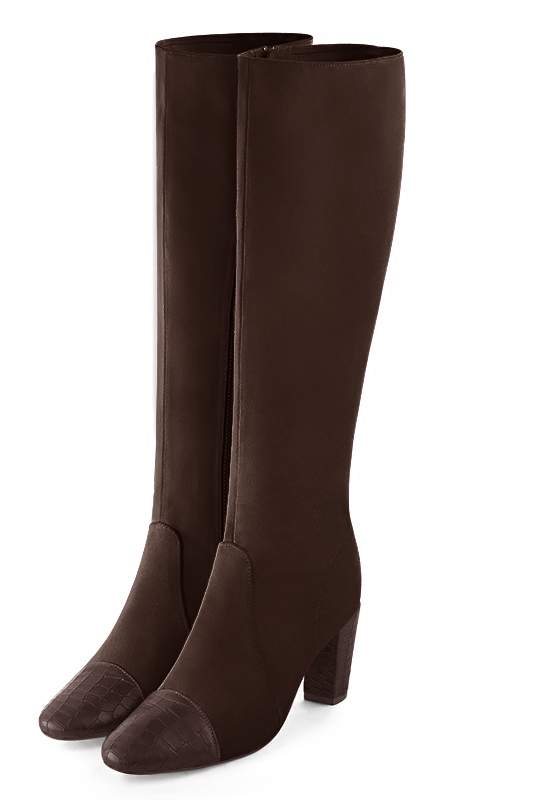 Dark brown women's feminine knee-high boots. Round toe. High block heels. Made to measure. Front view - Florence KOOIJMAN